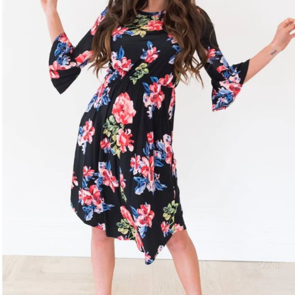 Neesee's Dresses Black and Pink Floral Midi Dress - Picture 3 of 5